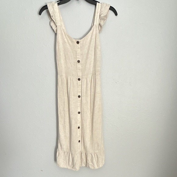Monteau Los Angeles Dresses & Skirts - Monteau Beige Linen Blend Sundress S Button Front Ruffle Strap Knee Length